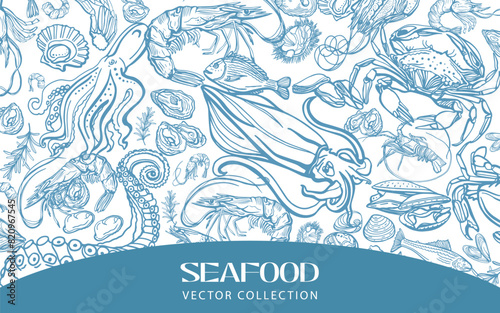 Isolated vector set of seafood. Shrimps, langoustines, prawns, salmon, trout, oysters, mussels, squid, crab, lemon, octopus, rosemary, sea urchin. Hand-drawn seafood delicacy, restaurant and marine.