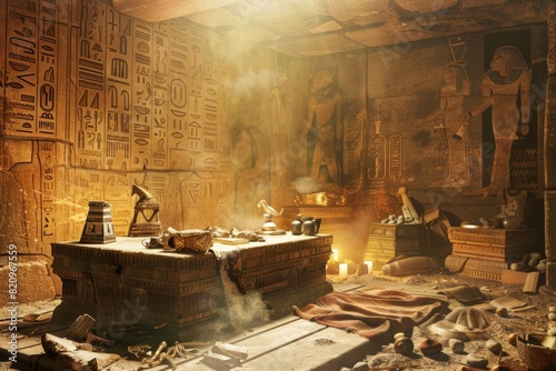 mysterious ancient egyptian tomb with hieroglyphics and treasures archaeological concept art photo