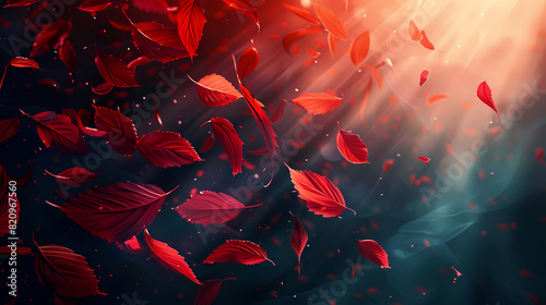 Flying leaves effect with mild sunbeam in 3d illustration vector photo
