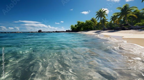 Tropical beach panorama. Seascape with palm trees and sand