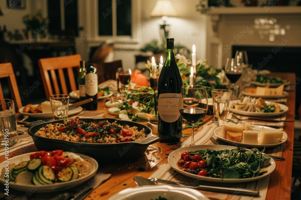 A large table is set with a variety of food and drinks, including wine