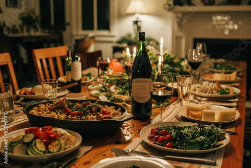 A large table is set with a variety of food and drinks  including wine