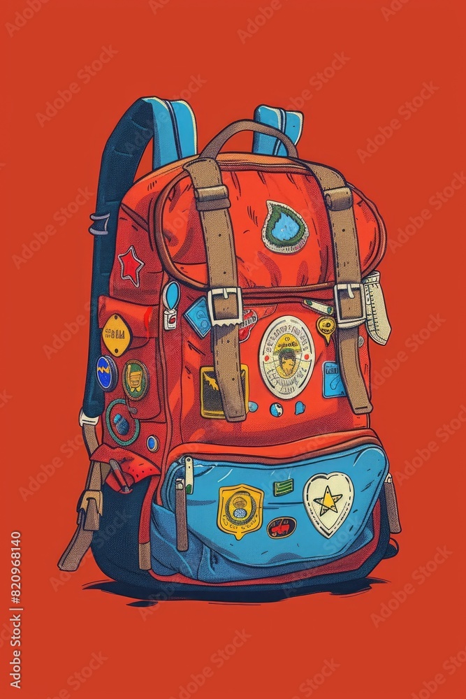 A detailed illustration of a classic school backpack adorned with patches and badges, set against a solid red background, evoking a sense of nostalgia and youthful adventure. A detailed illustration of a classic school backpack adorned with patches and badges, set against a solid red background, evoking a sense of nostalgia and youthful adventure.