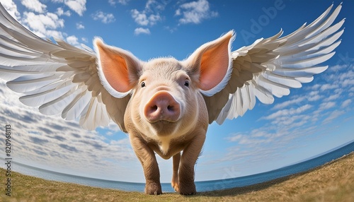 a whimsical pig adorned with wings aloft in a clear sky