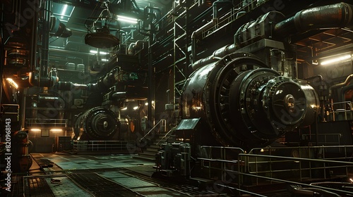 An industrial setting with massive engines and machinery, illuminated by sparse, intense lights creating a gritty and powerful atmosphere 