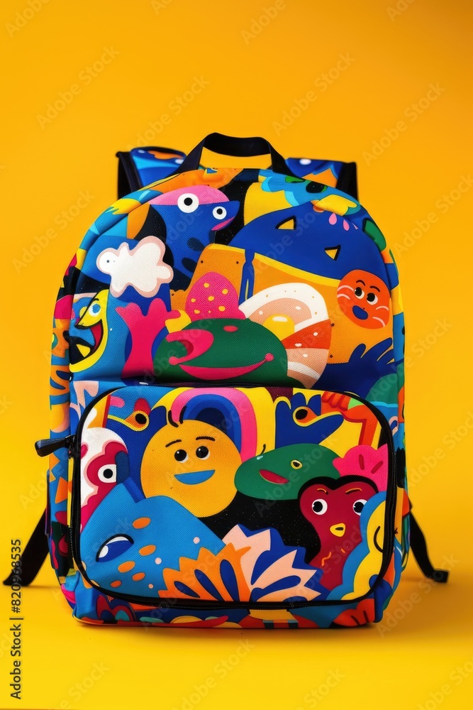 A playful illustration of a children's backpack decorated with fun characters and bright colors, set against a solid yellow background, capturing the excitement of a new school year. A playful illustration of a children's backpack decorated with fun characters and bright colors, set against a solid yellow background, capturing the excitement of a new school year.