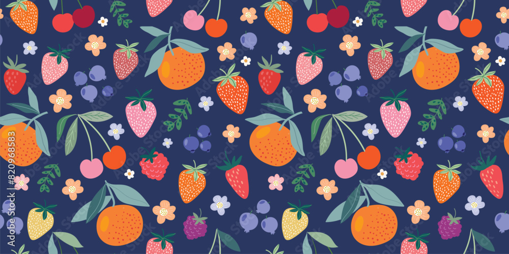 Fruits seamless pattern, decorative wallpaper with different  summer fruits, strawberry, raspberry, blueberry, cherries, small flowers and plants