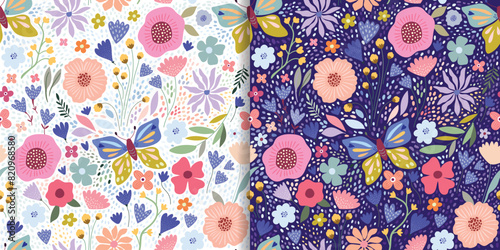 Summer floral seamless patterns set with colorful flowers, butterflies and plants, seasonal vegetation, decorative wallpapers, elegant backgrounds © lilett