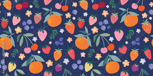 Fruits seamless pattern, decorative wallpaper with different  summer fruits, strawberry, raspberry, blueberry, cherries, small flowers and plants © lilett