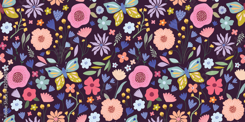 Summer floral seamless pattern with colorful flowers, butterflies and plants, seasonal vegetation, decorative wallpaper, background © lilett