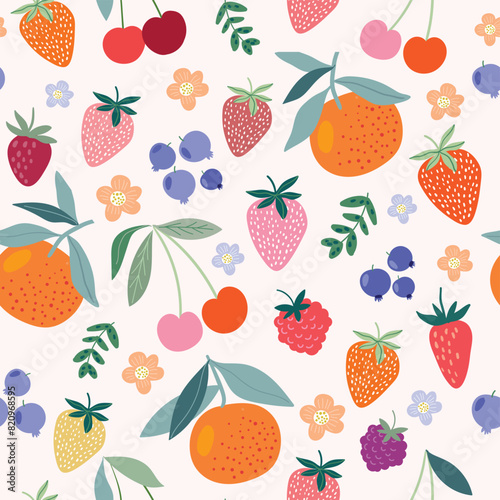 Fruits seamless pattern, decorative wallpaper with different  summer fruits, strawberry, raspberry, blueberry, cherries © lilett