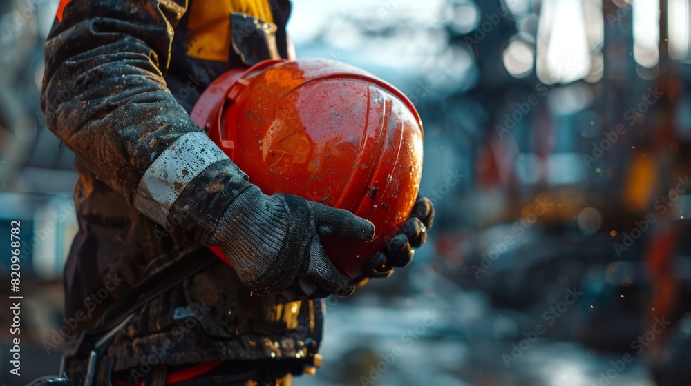 Close-up of a gloved hand gripping a safety helmet at a construction area. Close-up of a gloved hand gripping a safety helmet at a construction area.