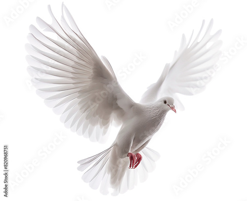 A graceful white dove in mid-flight. Isolated bird of peace.