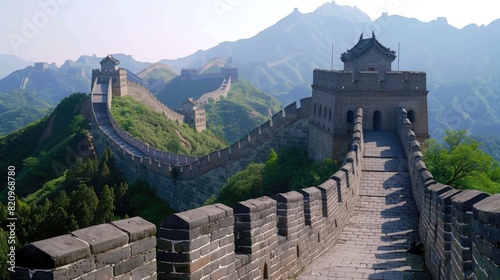 The Chinese great wall at Badaling in the mountains in the north of the capital Beijing. Wonder of the world. Beautiful view. Famous ancient wall of China. Travel concept. Asian history. Green hills.