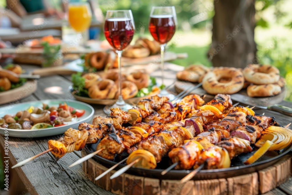 outdoor summer barbecue party with multiethnic group enjoying shashlik skewers lavash and onion rings on wooden table