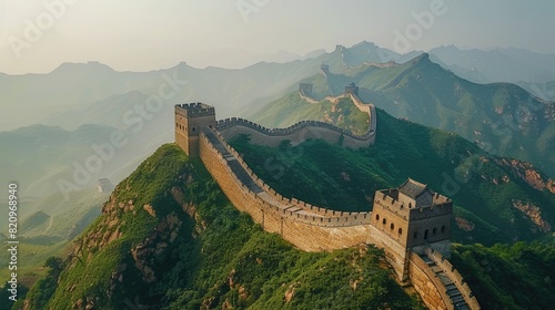 The Chinese great wall at Badaling in the mountains in the north of the capital Beijing. Wonder of the world. Beautiful view. Famous ancient wall of China. Travel concept. Asian history. Green hills.