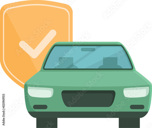 Flat design illustration of a green car with an orange protective shield, symbolizing safety and insurance