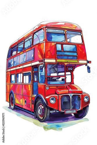 A whimsical illustration of a double-decker bus in vibrant red, isolated on a solid white background, evoking the charm of traditional city sightseeing buses.