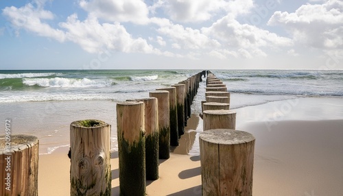 wooden groyne at the north sea coast near rantum sylt schleswig holstein germany photo