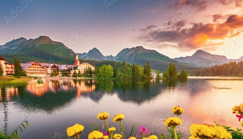 a charming evening view of the resort settlement near strbske pleso photo