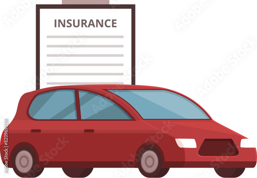 Flat design illustration of a red car alongside an insurance policy clipboard