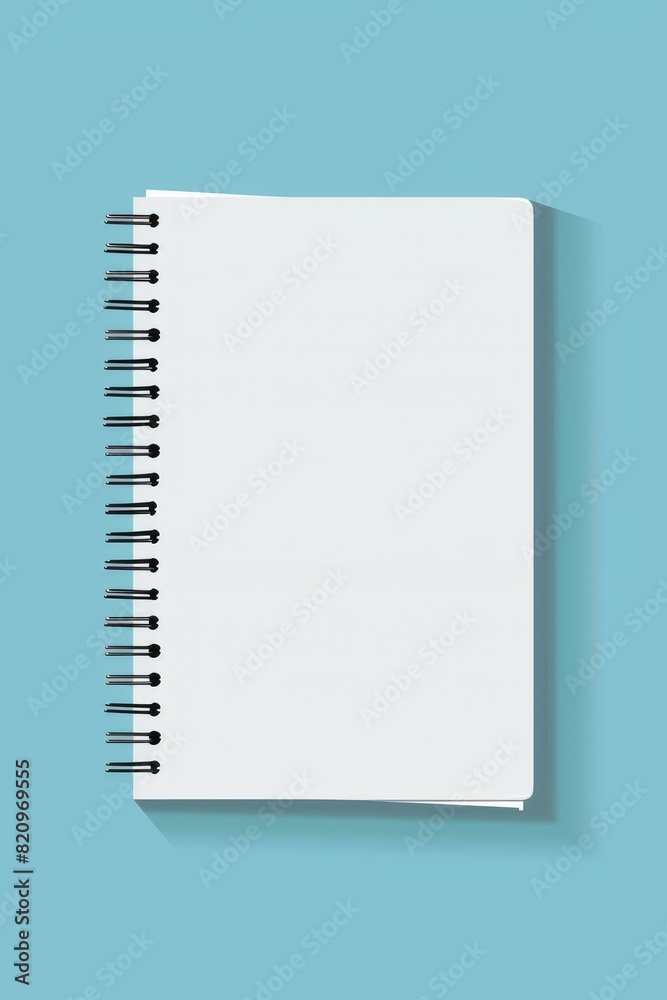 An illustration of a spiral-bound notepad with a blank cover, isolated on a solid light blue background, showcasing the simplicity and functionality of everyday stationery. An illustration of a spiral-bound notepad with a blank cover, isolated on a solid light blue background, showcasing the simplicity and functionality of everyday stationery.