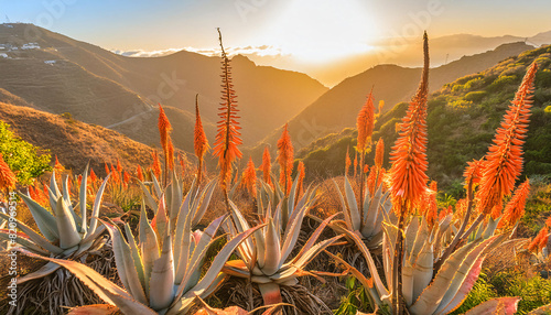 Canarian aloe vera farm, aloe vera blooming in mountains. Dry climate
