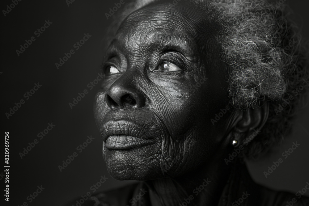 Black afro-american old woman with wrinkles on face, charismatic engaging BW portrait close up