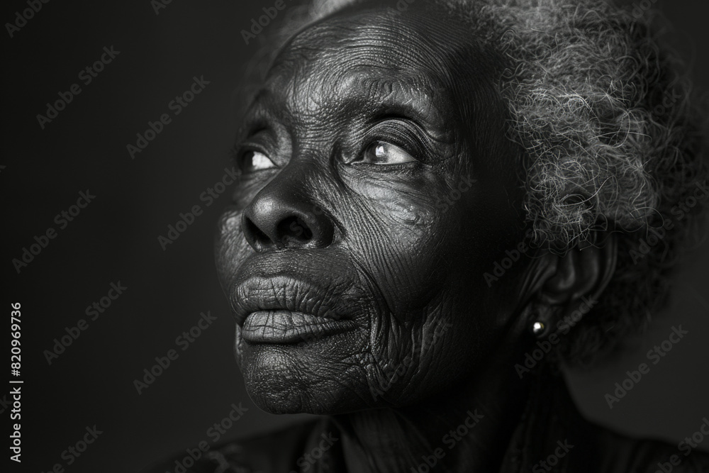 Black afro-american old woman with wrinkles on face, charismatic engaging BW portrait close up Black afro-american old woman with wrinkles on face, charismatic engaging BW portrait close up