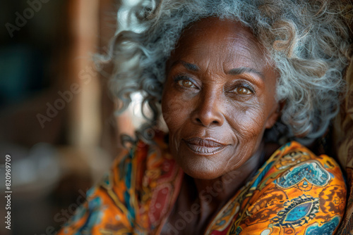 Elderly black woman with grey hair in outfit with traditional ethnic pattern, for marketing campaign