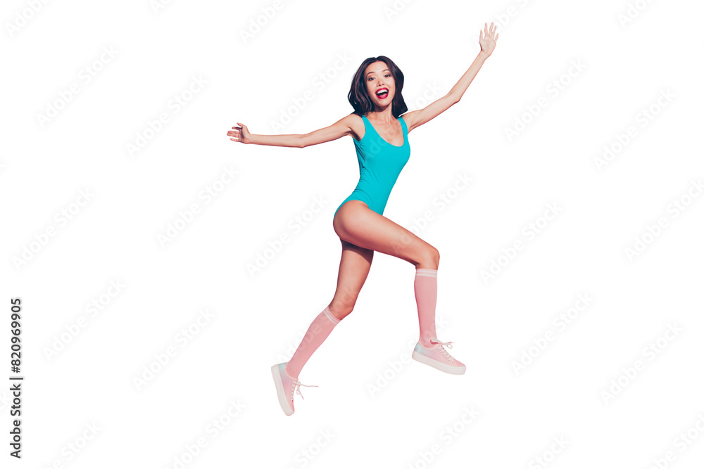 Obraz premium Full length size profile side view carefree careless charming romantic tender lady with her modern curly wave hair she wear in style stylish shoes stockings isolated on shine pastel pink background