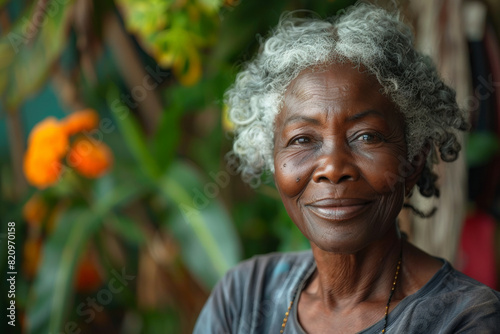 Elderly african american woman with grey hair and necklace outdoors against tropical green plants