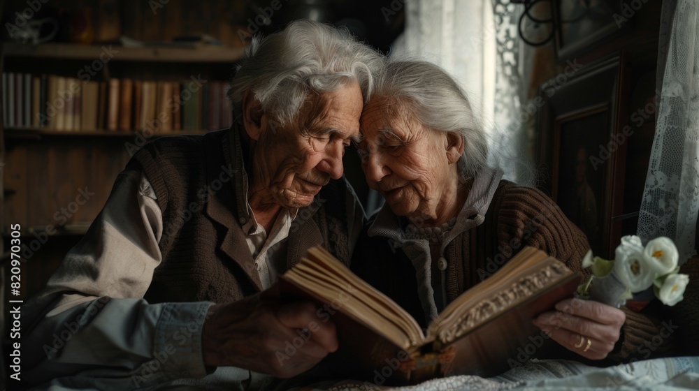 Elderly Couple Reading a Family Album in Cozy Room. Generative ai Elderly Couple Reading a Family Album in Cozy Room. Generative ai