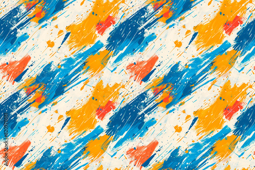 Colorful abstract seamless pattern with splashes of blue  orange  and yellow  perfect for decoration  tile  and ornamental designs