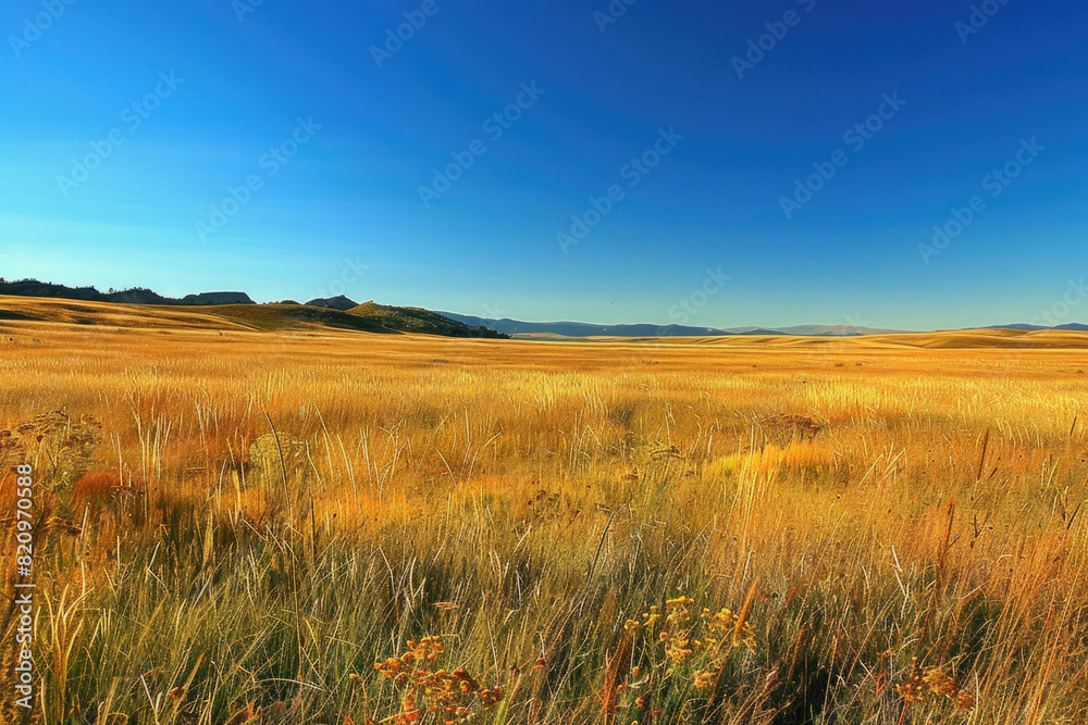 Golden fields under blue sky