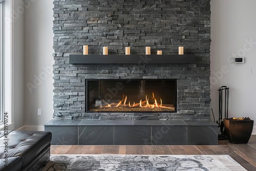 sleek modern fireplace with stacked stone floating hearth in shades of grey adding texture and dimension flat cartoon photo