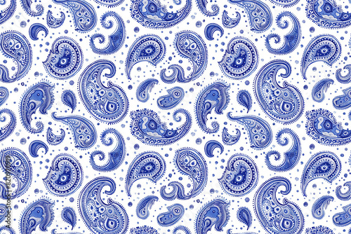 Blue paisley pattern with intricate designs on a white background. Seamless tile perfect for fashion, decor, or fabric projects. Elegant and classic ornamentation