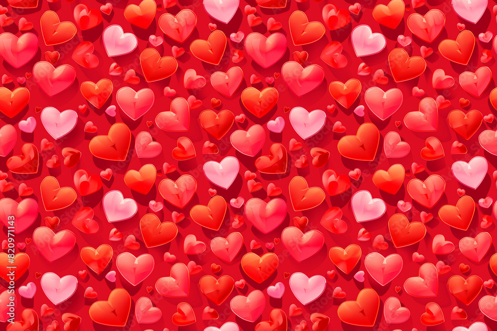 Heart pattern with various shades of red and pink on a bright red background. Seamless tile perfect for Valentine's Day themes, decor, or crafts. Romantic and cheerful ornamentation. Heart pattern with various shades of red and pink on a bright red background. Seamless tile perfect for Valentine's Day themes, decor, or crafts. Romantic and cheerful ornamentation.