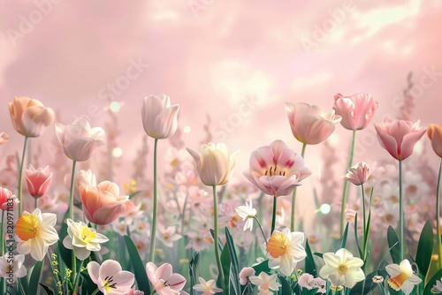 surreal spring catalog landscape with dreamy tulips and daffodils soft pink backdrop digital illustration #820971183