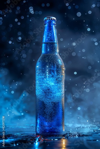 Full shot blue beer bottle , back lighting effect, limbo highlight blue background,