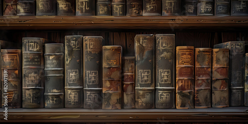 The Ancient Codex Chronicles: A dusty old bookshelf, adorned with faded spines bearing cryptic markings. photo