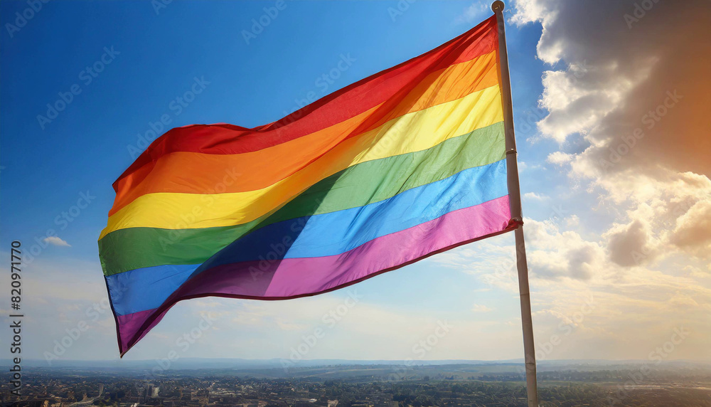 lgbt flag flutters against blue sky, lgbtq gay pride month lgbt flag flutters against blue sky, lgbtq gay pride month