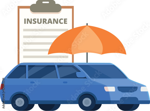 Flat design concept illustration of car insurance policy for vehicle protection and security. Blue vector graphic with minimalistic design, covering auto, umbrella coverage, and risk management