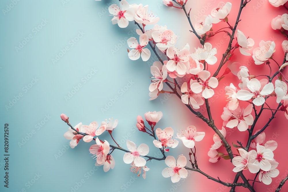Fototapeta premium Beautiful pink cherry blossoms on branches against a pastel blue and pink background, highlighting spring and nature's beauty.