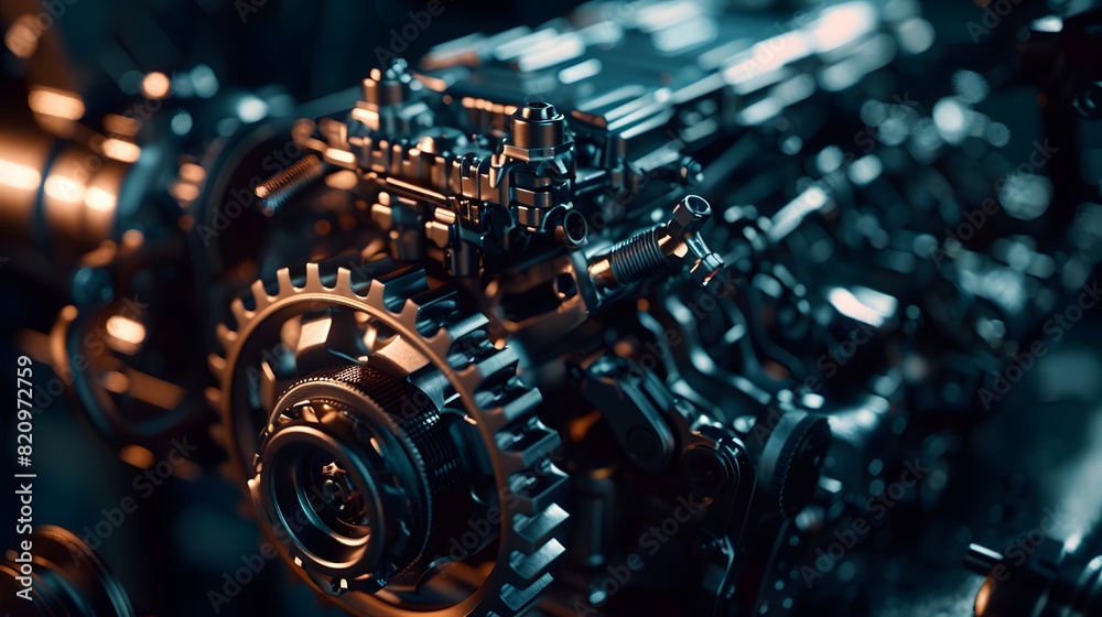 Fototapeta premium A close-up of an engine's inner workings, with gears and components moving smoothly in a dark, moody setting, underscoring reliability and innovation