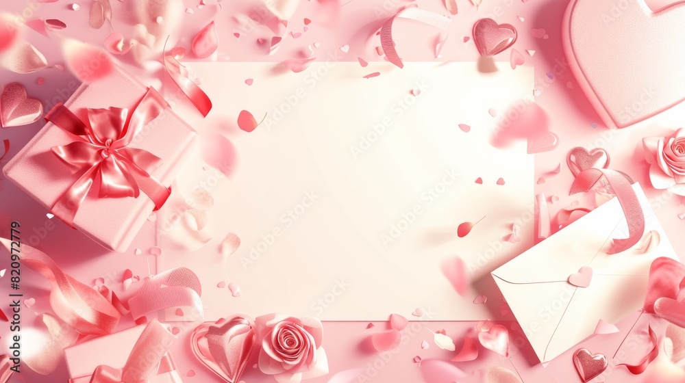 Birthday gift box, greeting card, pink candy background, silk, rose petals. Women's Day greetings, Valentine's Day greetings, gift hearts, Online holiday concept, Top advertising background 