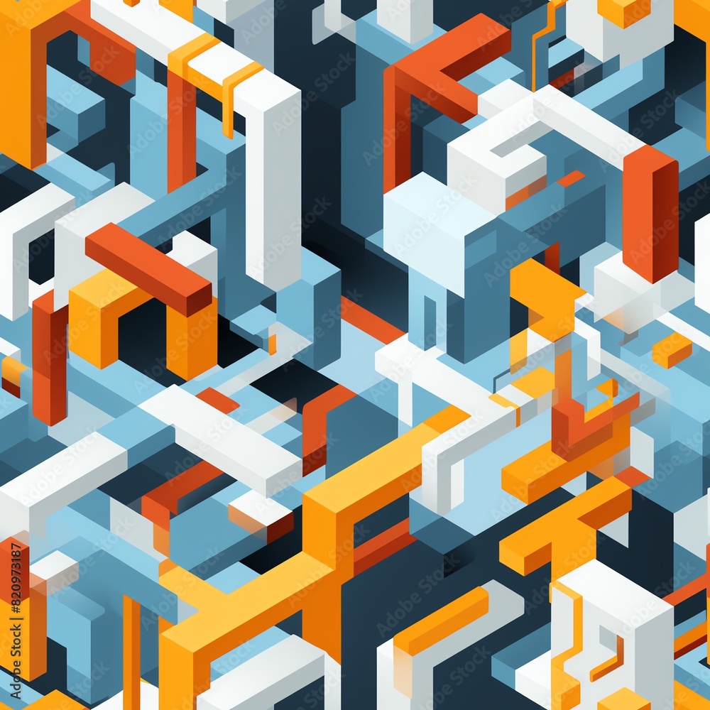 Fototapeta premium Colorful abstract geometric pattern with interlocking shapes in orange, blue, and white tones, creating a dynamic optical design.