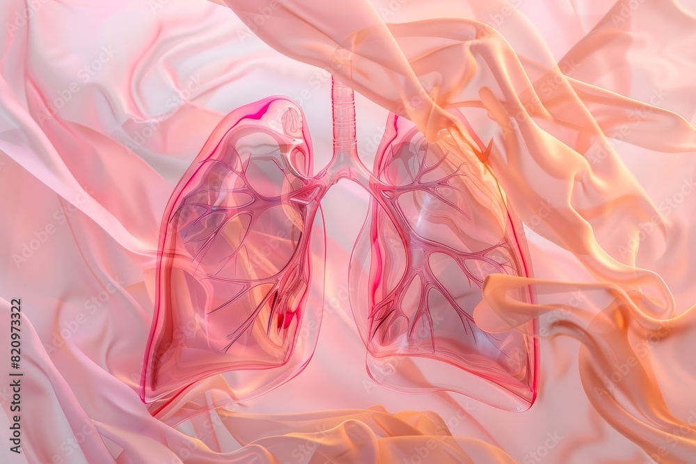 Beautiful abstract lungs made from smooth elegant transparent fabric on colorful background 3d pink and peach colors. Generative AI technology