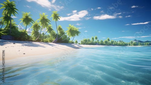 Panoramic view of tropical beach with palm trees and blue sky