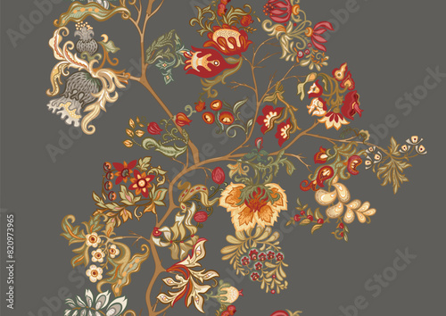 Fantasy, alien flowers, decorative flowers and leaves. Cartoon style. Millefleurs trendy floral design. Seamless pattern, background. Vector illustration.